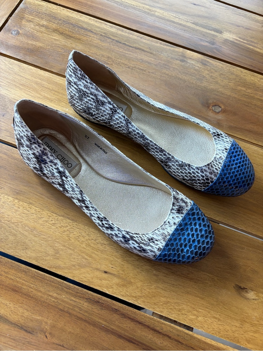 Jimmy Choo Python Snakeskin Ballet Flats with Blue Cap Toes - Size 37 / US 7